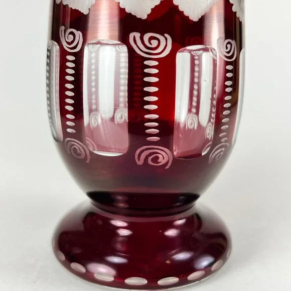 Vtg Egermann Vase Bohemian Ruby Red Cut To Clear Etched Glass Castle Bird Czech
